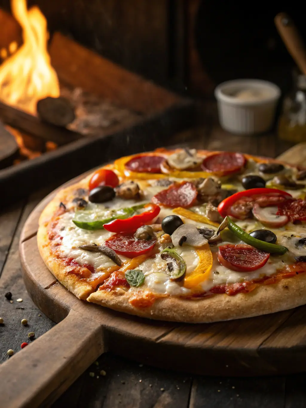 Eine Peperonipizza mit goldbraunem Rand, würzigen Peperonischeiben und geschmolzenem Mozzarella ist das Hauptgericht der Familienpackung.