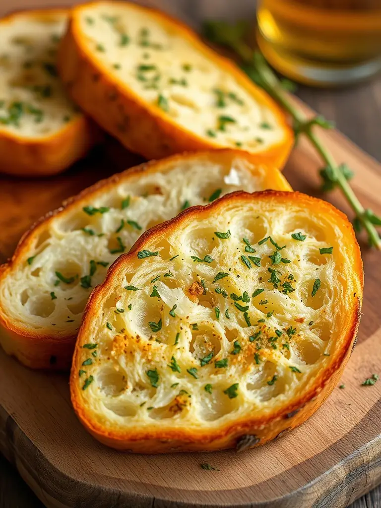 Ein Laib Knoblauchbrot mit knuspriger Kruste, weichem Inneren und einem großzügigen Belag aus Knoblauchbutter und Kräutern als leckere Beilage.